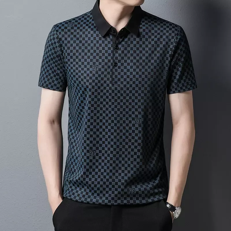 Летняя крутая и дышащая модная клетчатая рубашка-поло из ледяного шелка, мужская рубашка с короткими рукавами