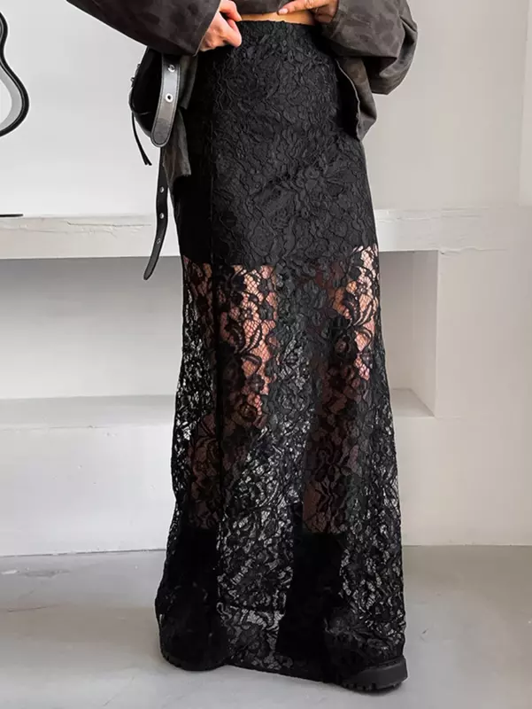 Wolfeel damska spódnica do połowy długości lato Retro modna i wszechstronna koronkowa spódnica Slim Fit seksowna czarna stylowa długa spódnica