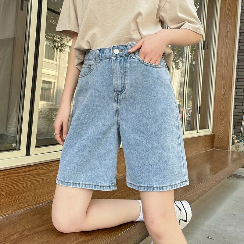 Korean Style Classic Denim Shorts Women Summer Blue High Waisted Shorts Wide Leg Pants Streetwear Stright Jeans Womens Shorts