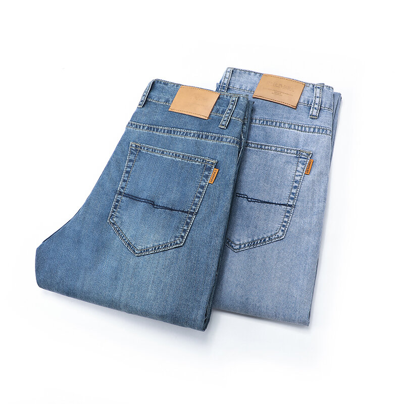 Тонкие джинсы для мужчин среднего возраста, свободные прямые Стрейчевые дышащие брюки из вискозы, с завышенной талией, для работы и офиса, на лето