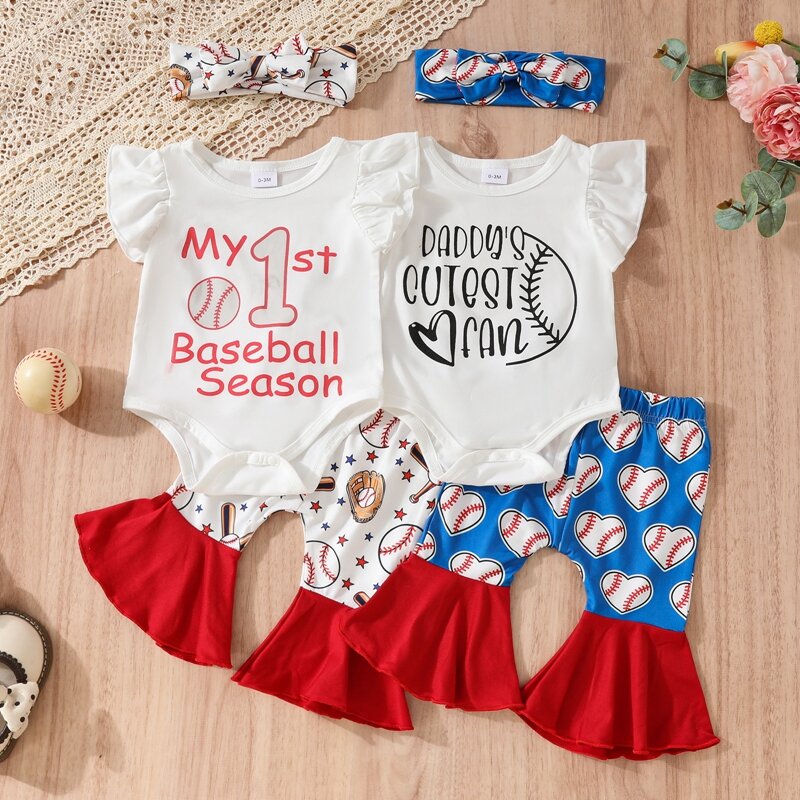 2024-03-19 Lioraitiin Infant Baby Girl Outfit lettera Flying Sleeve pagliaccetto con motivo a Baseball Flare Pants fascia 3 pezzi Outfit