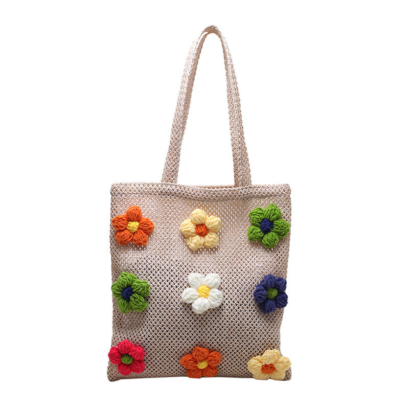 Summer Picnic Floral Straw Bag Hollow Out Knitted Flower Casual Totes Straw Shoulder Bag Women's Seaside Holiday Beach Bag