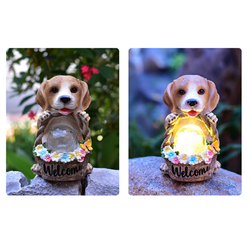 Estatua de cesta Solar para cachorros, decoración de resina con luz Solar, adorno de jardín al aire libre, escultura de perro