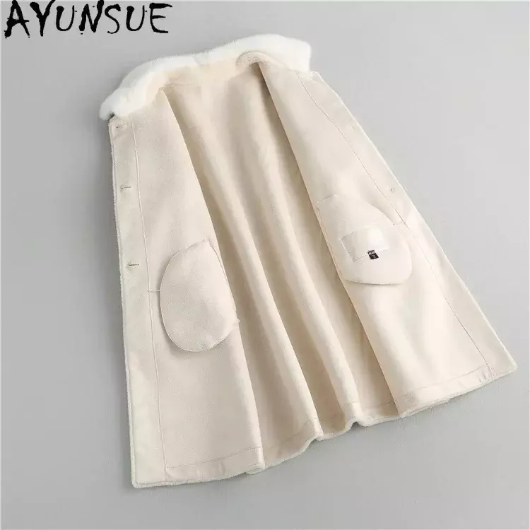 Ayunsue เสื้อโค้ทขน100% สำหรับผู้หญิงยาวปานกลาง, เสื้อแจ็คเก็ตขนแกะขนมิงค์เสื้อโค้ทขนสัตว์เม็ดเล็กๆหรูหรา