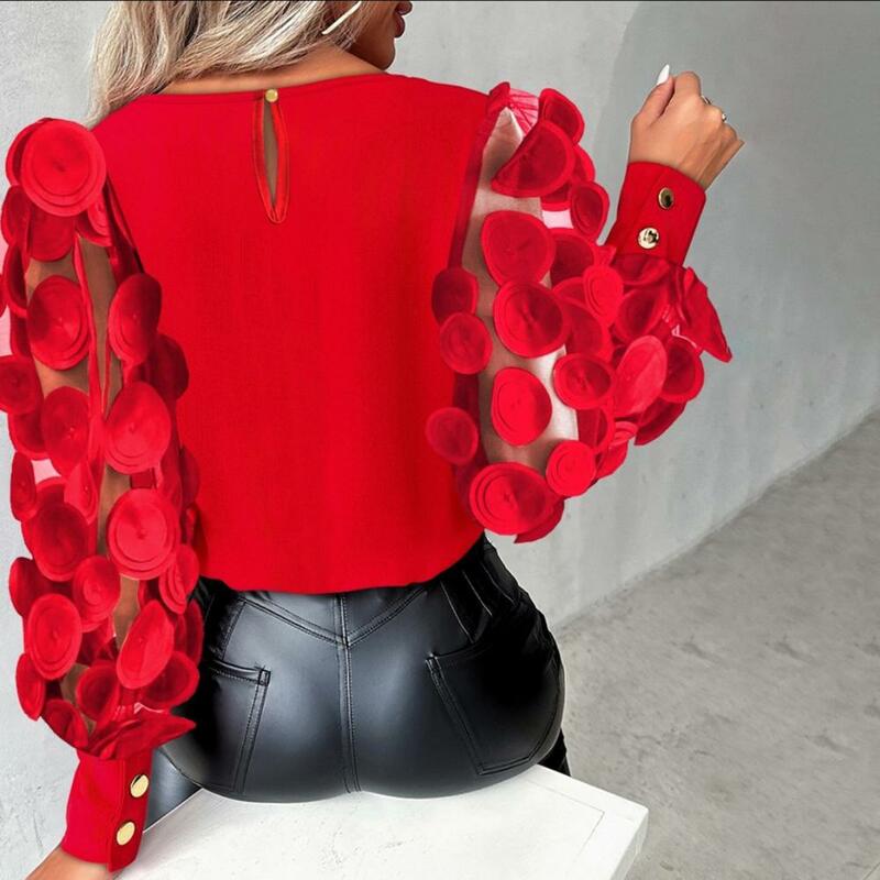 Comfortable Casual Blouse Elegant Women's Mesh Long Sleeve Blouse with Flower Decor for Fall Spring Office Wear Hollow Patchwork