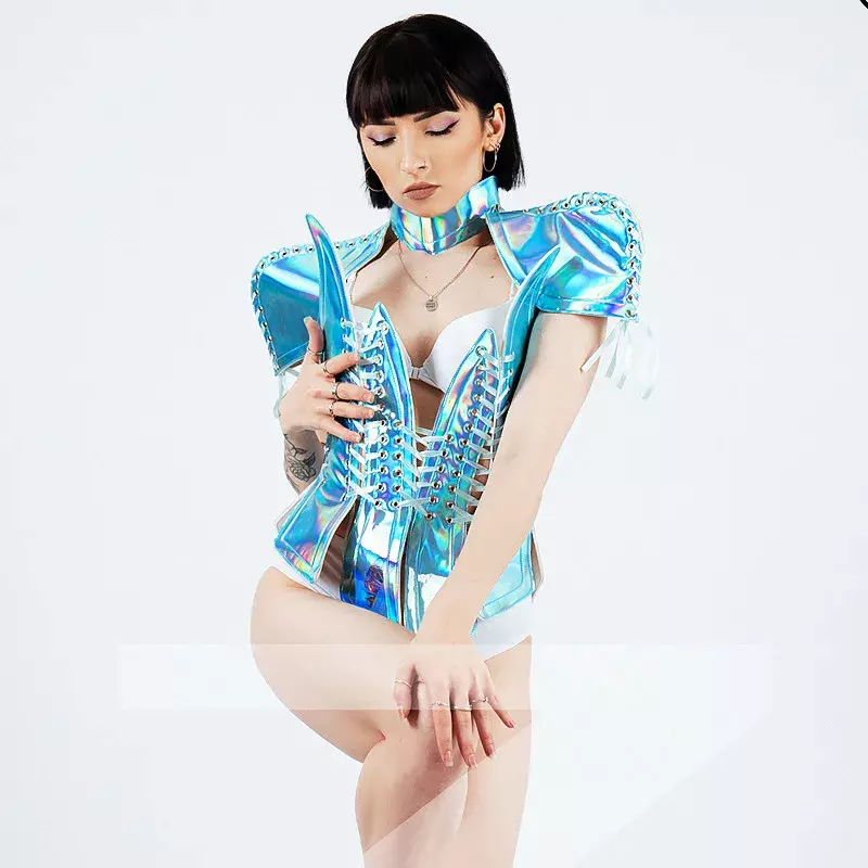 Reflective Laser Armor Shoulder Bandage Bodysuit Women Singer Stage Performance Clothes Future Technology Space Cosplay Costume