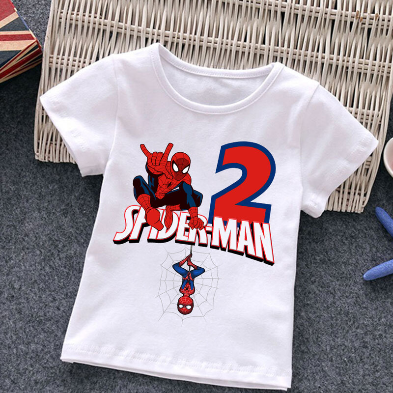 Homem aranha miúdo t-shirts aniversário número 1-10 maravilhas t camisa crianças dos desenhos animados kawaii roupas casuais super herói menino menina camiseta