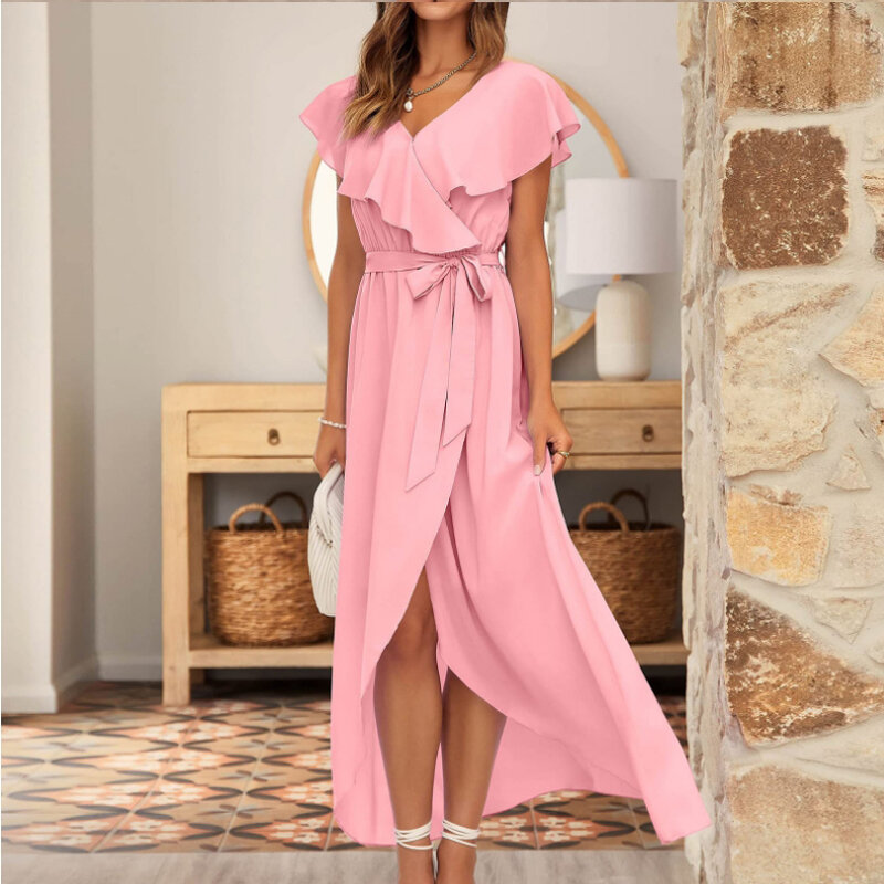 2024 Neuankömmling heiß verkaufen Frauen Sommer Kurzarm einfarbig V-Ausschnitt Kleider Abend party sexy Kleider Mode Ballkleid