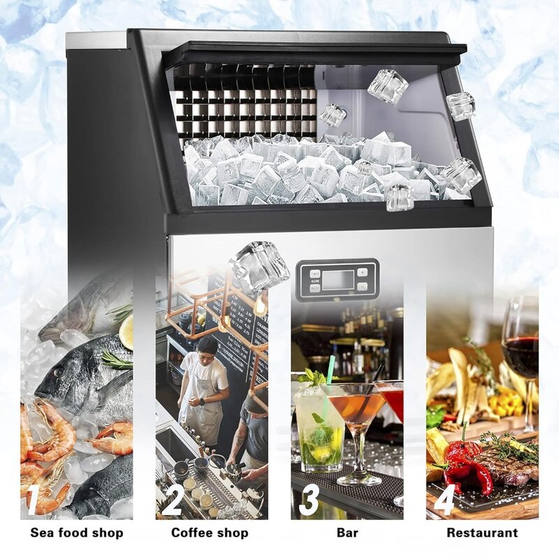 Máquina de hielo eléctrica de acero inoxidable con capacidad de 48 libras, máquina de hielo comercial de 100 libras por día, para restaurante, incluye cuchara