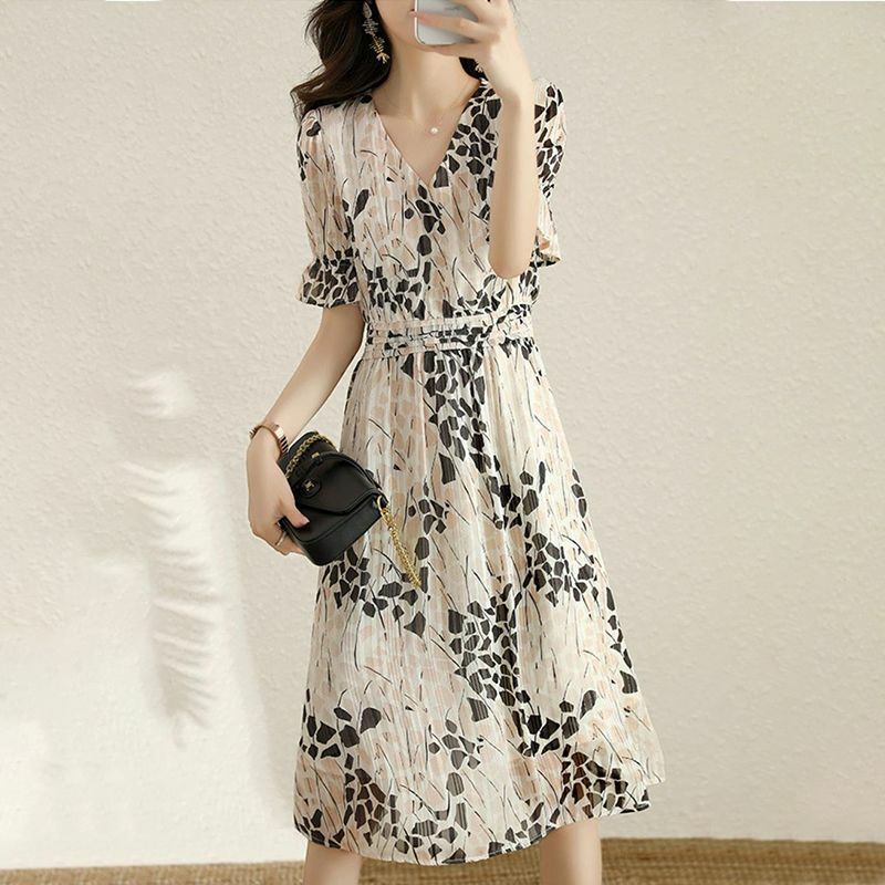 Elegant V-Neck Printed Folds Ruffles Flare Sleeve Party Dress Women's Clothing 2024 Summer New Loose Office Lady Floral Dress