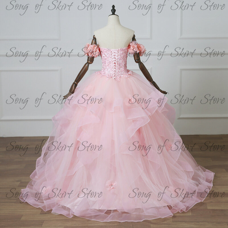Gaun Princess Pink A-Line Quinceanera Gaun Prom Panjang Berjenjang Renda Kerlap-kerlip Berpayet Gaun Pesta Kereta Api