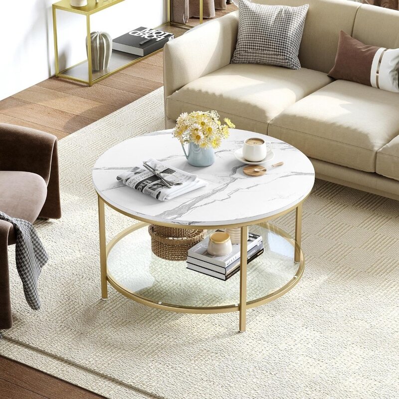 Mesa de centro circular de 2 niveles con almacenamiento, mesa de centro transparente blanca y dorada, mesas de restaurante, muebles de salón, sala de estar