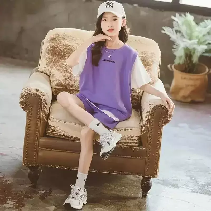 2024 Mädchen neue Sommer lose dünn lüften 2pcs Kurzarm T-Shirt Hosen passt koreanischen Stil Tee ange Mädchen Freizeit kleidung Set