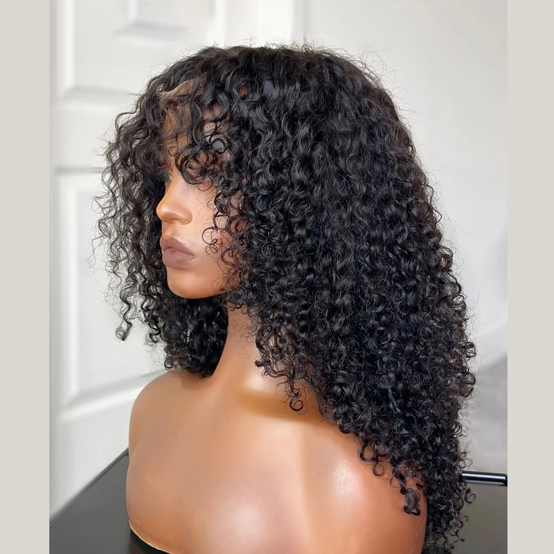 Long Naural Black 180Density 26“ Soft Glueless Kinky Curly Machine Wig with Bangs For Women BabyHair Preplucked Heat Resistant