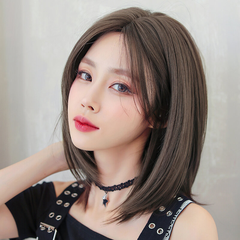 7JHH WIGS Short Straight Cool Brown Bob Wig for Women Daily Use High Density Synthetic Middle Part Hair Wigs with Curtain Bangs