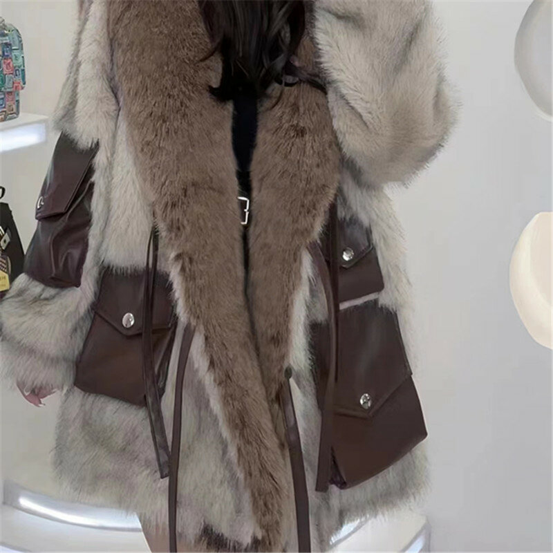 Abrigo de piel sintética para mujer, chaqueta empalmada, abrigo largo con cordones, abrigo cálido grueso suelto, alta calidad, Invierno femenino, nuevo, 2023
