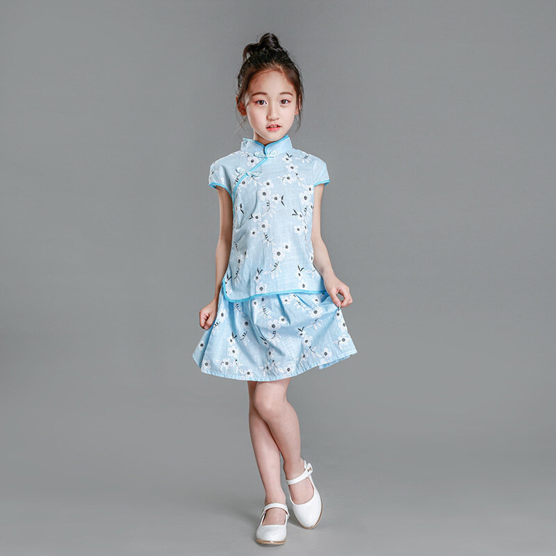 Meisjes Cheongsam Chinese Stijl Zomer Kinderkleding Cheongsam Set Korte Mouw Kinderen Kleding Oude Kleding Tang Kleding Baby