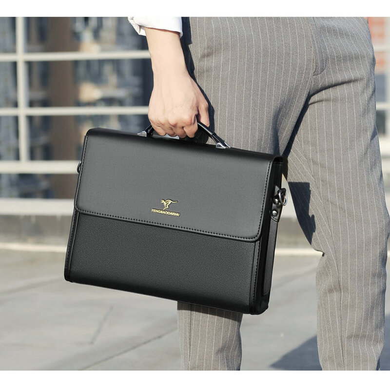 กระเป๋าเอกสารหนังสุดหรูสำหรับผู้ชายกระเป๋าถือสีดำสะพายไหล่ทนายความด้าน A4สี่เหลี่ยมกระเป๋าสะพายข้าง