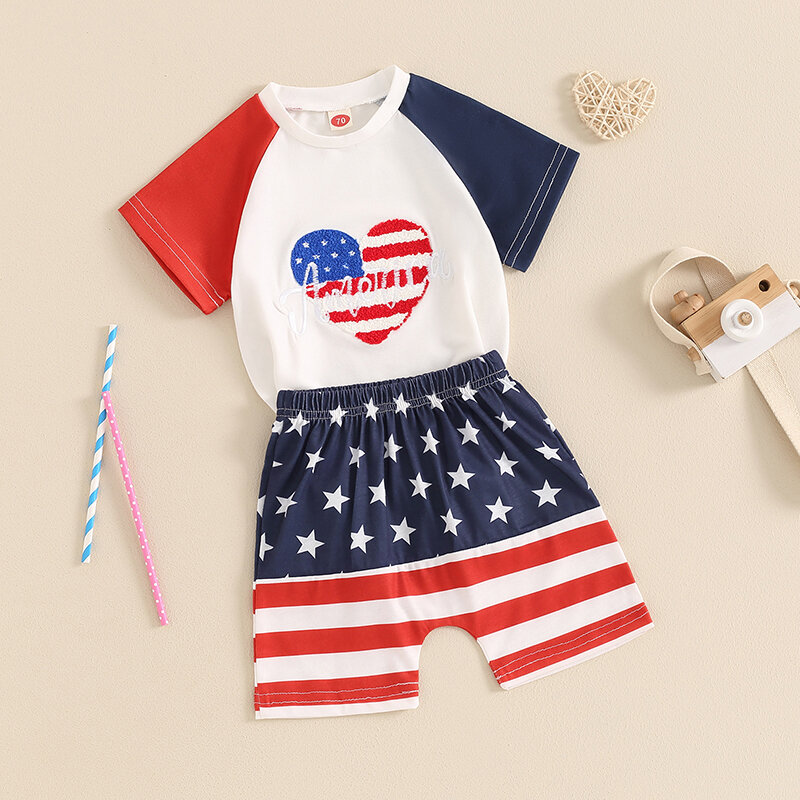 Baby Boys Girls Independence Day Outfit Heart Embroidery Short Sleeve Tops Star Print Shorts Toddler Summer Set