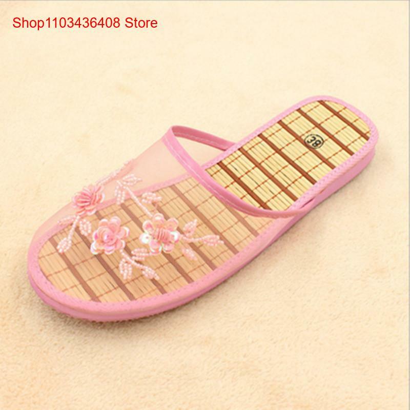 Womens Ladies Handmade Flowers Fashion Floral Slippers Slides On Flats Mesh Flip Flop Loafers Mules Fresh Breathable Home