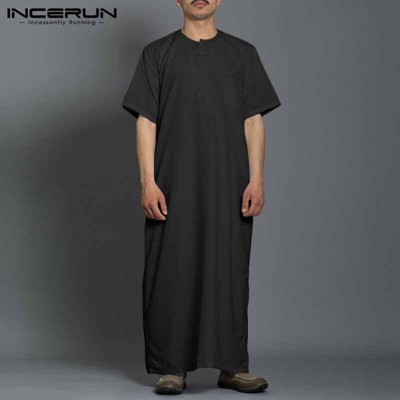 INCERUN 남성 무슬림 주바 토브 이슬람 카프탄, 단색 패션, 반팔 카프탄, 중동 두바이, 남성 가운 S-5XL, 2024