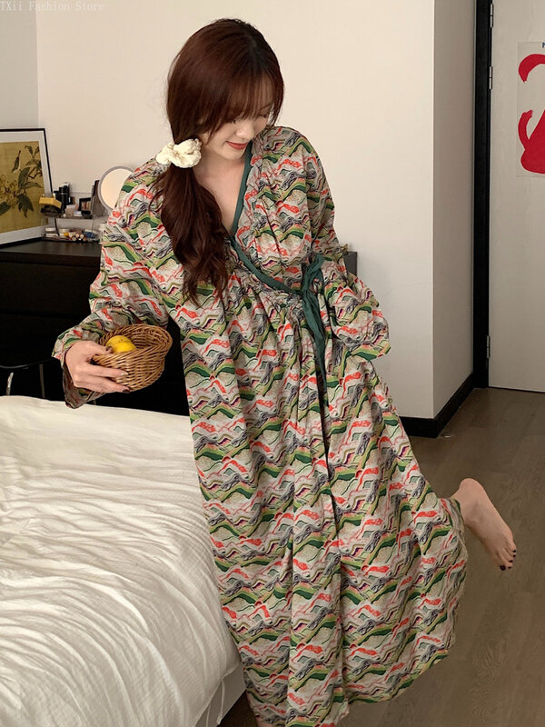 Camisola floral feminina, pijama estilo étnico, roupão vintage, camisola de primavera e outono, tamanho grande, novo, 2024
