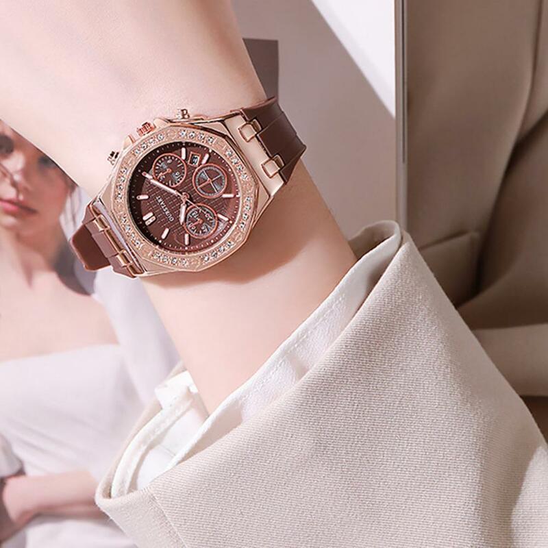 Formal Occasion Watch Elegant Ladies Quartz Watch with Rhinestone Calendar Alloy Strap High Accuracy for Commute Timepiece Women
