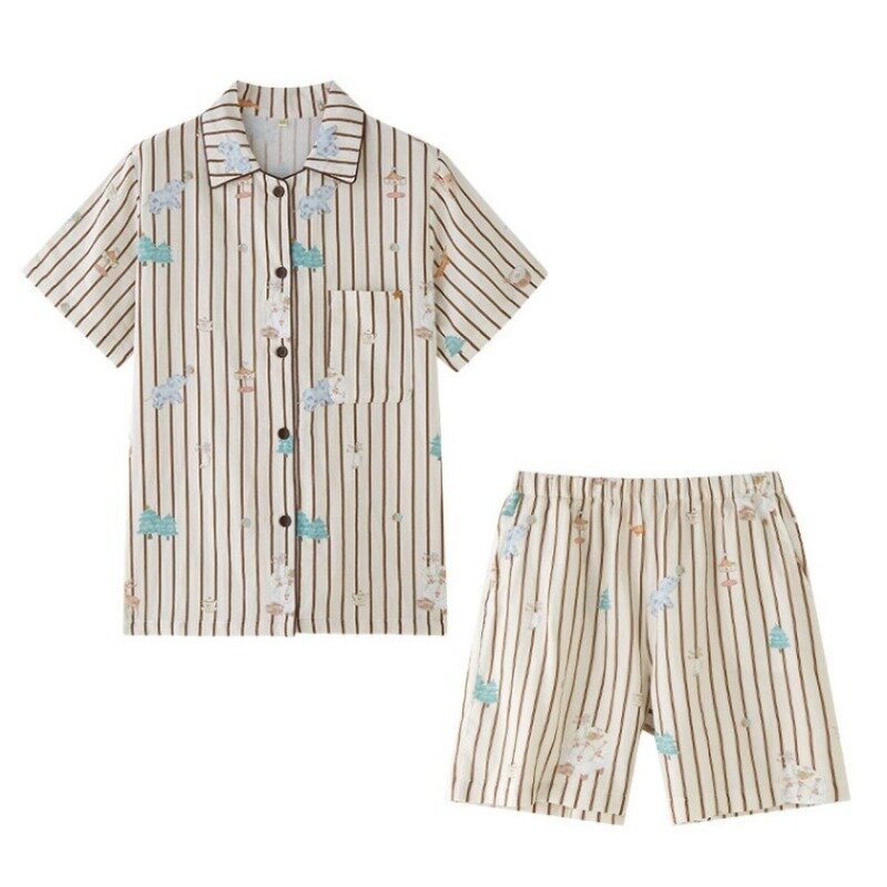 2024 Cotton Double Gauze Lapel Pocket Loungewear Cartoon Print Striped Short Sleeve Sleeve Pajama Set Soft Comfortable Sleepwear