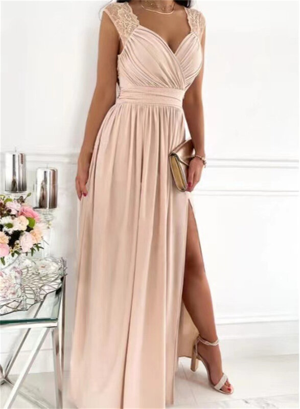 Elegancka, długa suknia dla druchny dla kobiet bez rękawów plisowana z rozcięciem suknia wieczorowa na przyjęcie sukienki z wysokim rozcięciem koktajlowa, balowa