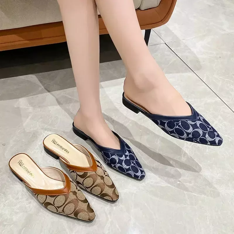 2024 New Color Matching Slippers Women's Shoes Fashion Slingbacks Women's Slippers Hot Sale Square Heel Daily Slippers Women