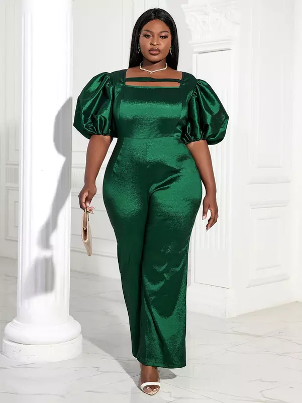 Stylish Women Jumpsuit Sparkly Plus Size Fitted Shiny Green Overalls Summer Puff Sleeve Vintage Rompers Work Elegant Outfits