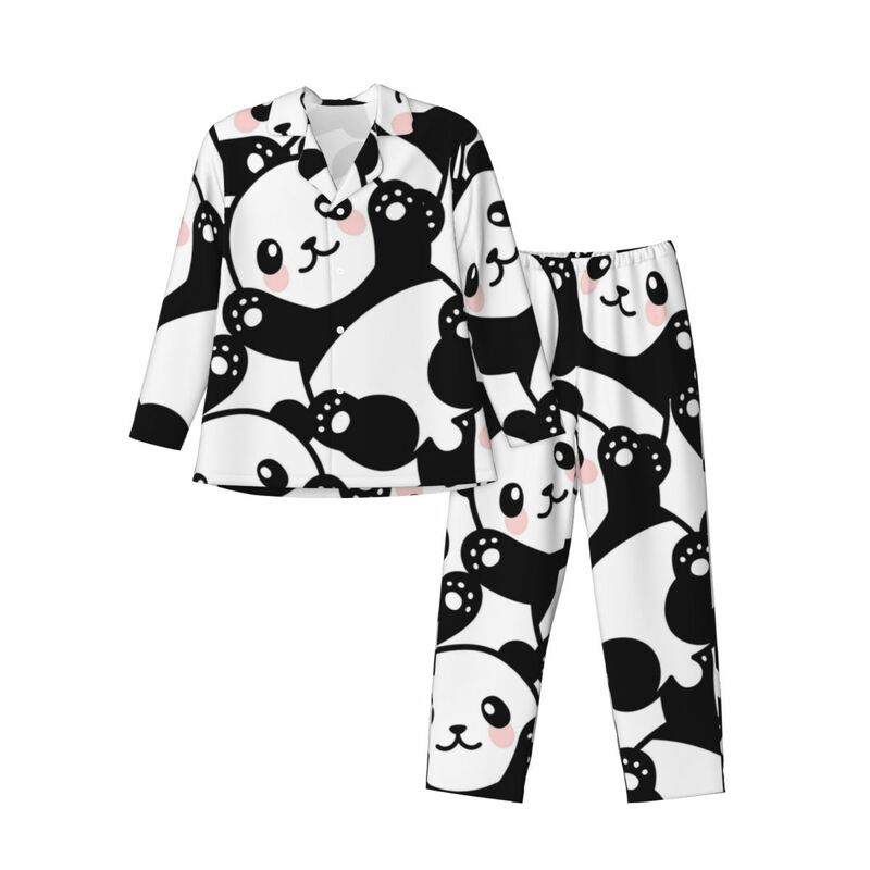 Desenhos animados panda conjuntos de pijama masculino, bonito animal impressão, pijamas macios, manga longa, pijamas vintage, plus size, 2XL, 2 peças