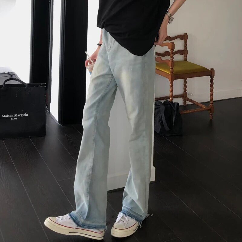 Dżinsy dla mężczyzn Streetwear klimat w stylu Vintage, wiosenna popularny wszechstronny amerykański styl Harajuku z panelami zgrane prosto highstrestreet