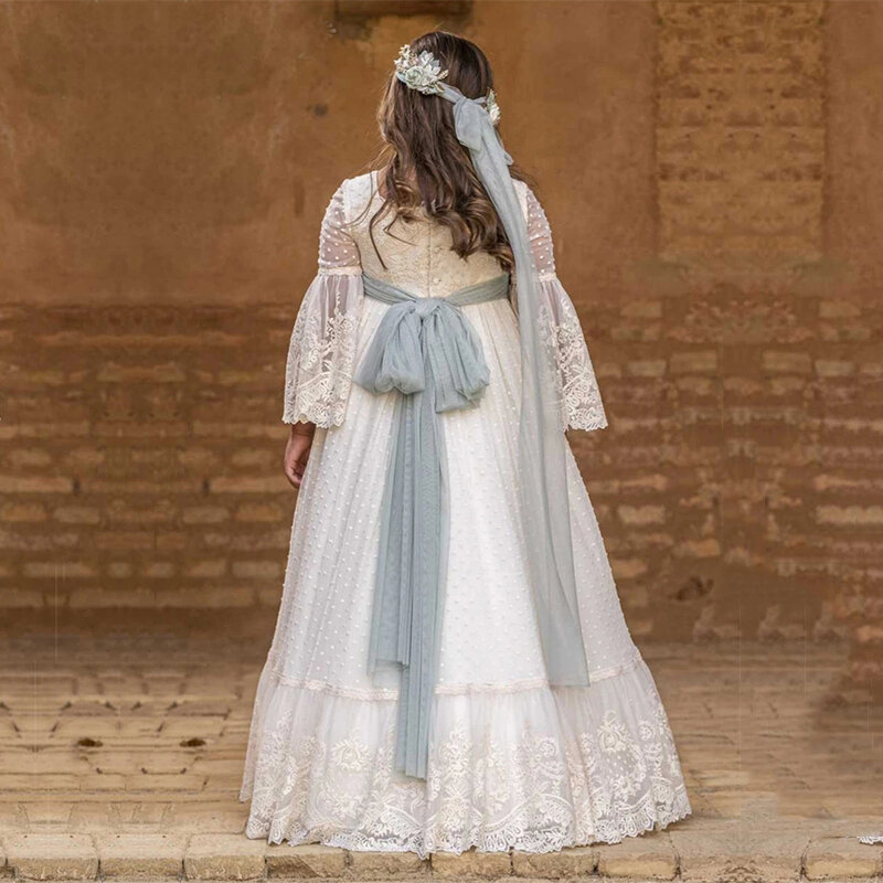 Платье для девочек с цветочным принтом для причастия, винтажное кружевное хлопковое платье принцессы с цветочным поясом для свадьбы, подружки невесты