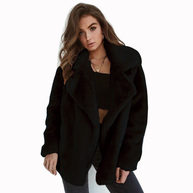 女性のためのエレガントな合成毛皮のジャケット,ワイドラペル付きの暖かいコート,厚くてゆったりとしたアウター,秋冬
