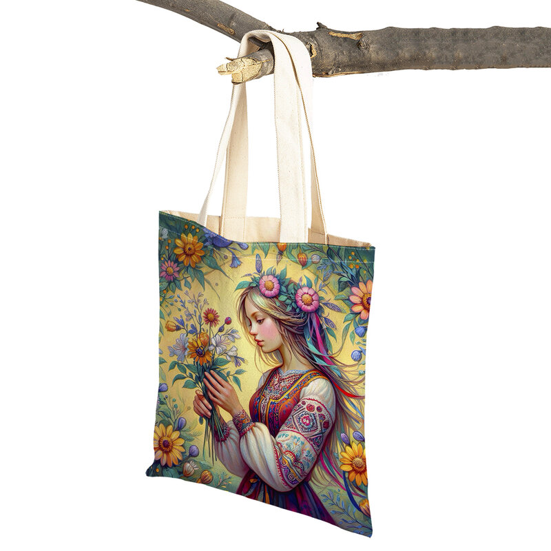 Винтажная женская сумка для покупок с мультипликационным лесным эльфом и цветами, Детская Льняная сумка для покупок с двойным принтом в сказочном стиле, женские сумки-тоуты