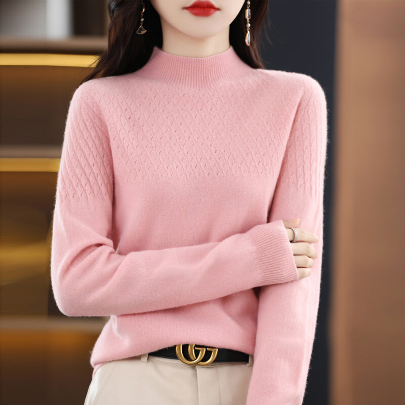 Sem emenda pulôver de lã pura camisola feminina manga longa outono/inverno 2022 semi alto pescoço solto emagrecimento base versão coreana superior