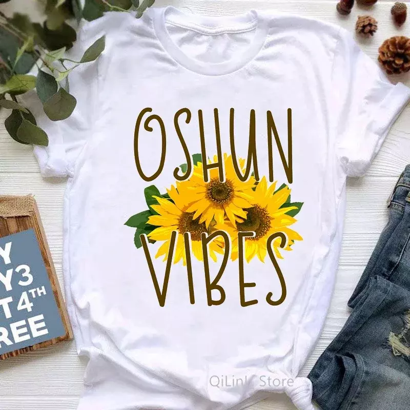 Die afrikanische Göttin Oshun Vibes Sonnenblume gedruckt T-Shirt Frauen lustige grau/grün/gelb/rosa/schwarz T-Shirt Femme Harajuku Shirt