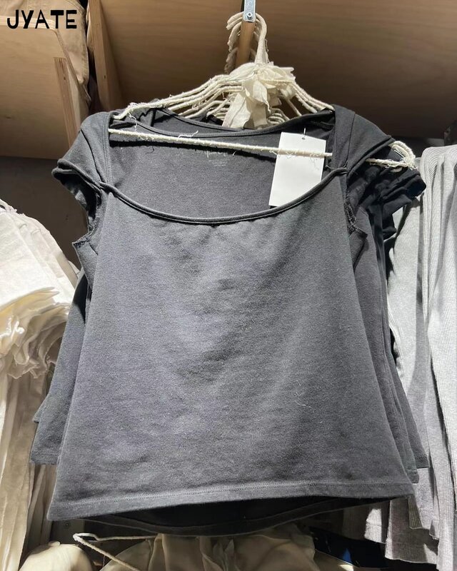 Fashion kaus lengan pendek leher persegi seksi Solid Wanita Atasan jalan katun kasual baru musim panas kaus Vintage Y2K manis