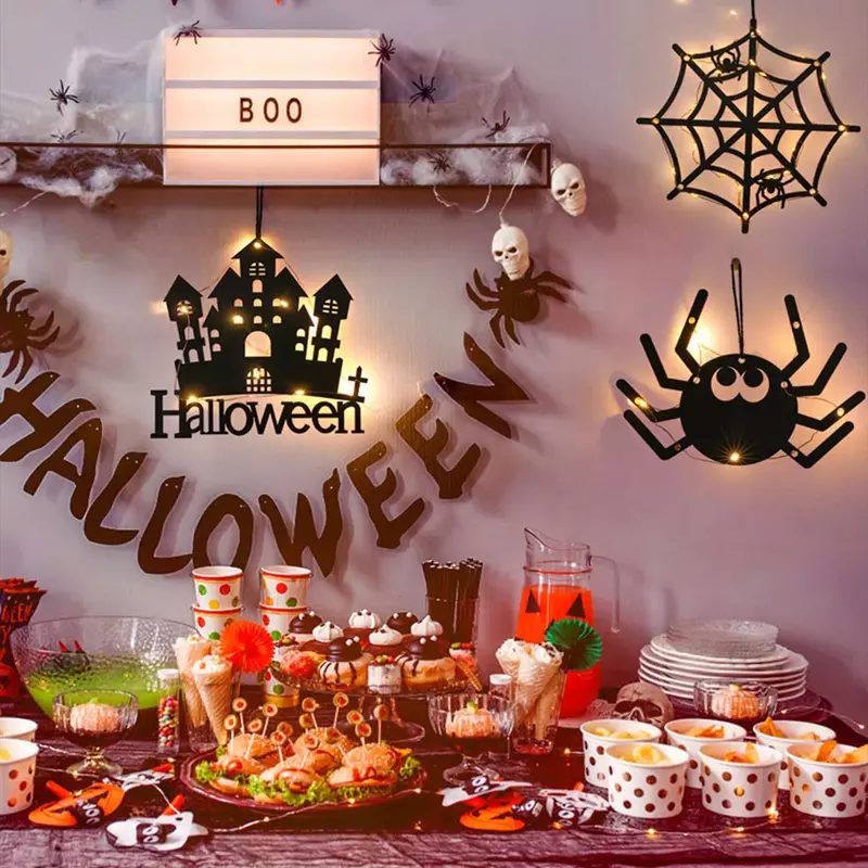 Placa colgante divertida para Halloween, castillo, bruja, fantasma, telaraña, adorno luminoso, decoración de fiesta de terror, colgante de Halloween