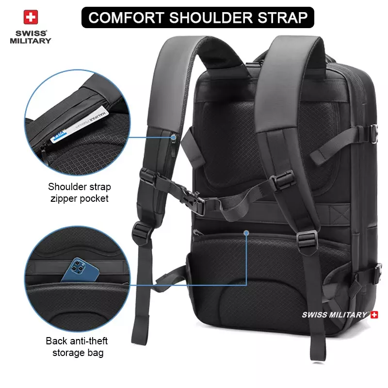 SWISS MILITARY-Sac à dos d'affaires pour hommes, sac USB extensible, grand sac étanche pour ordinateur, voyage urbain