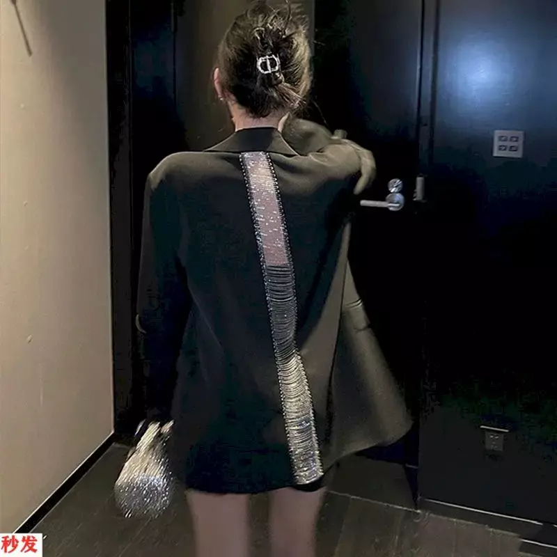 Женский пикантный Блейзер на цепочке с вырезом на спине, новинка 2023, корейская мода, черный Свободный Тонкий Блейзер для женщин, элегантный женский блейзер