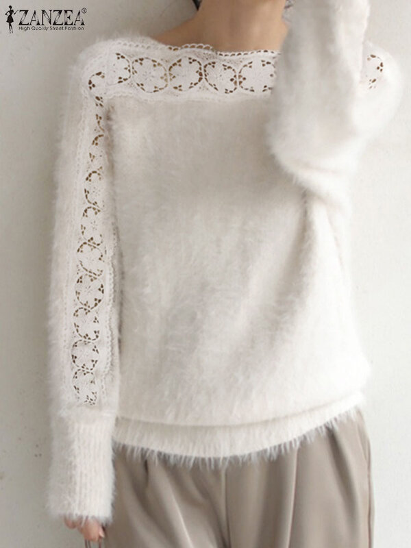 Женский кружевной пуловер ZANZEA в стиле пэчворк, вязаный свитер, осень 2023, вязаный крючком Элегантный Модный повседневный Свободный Топ с длинным рукавом