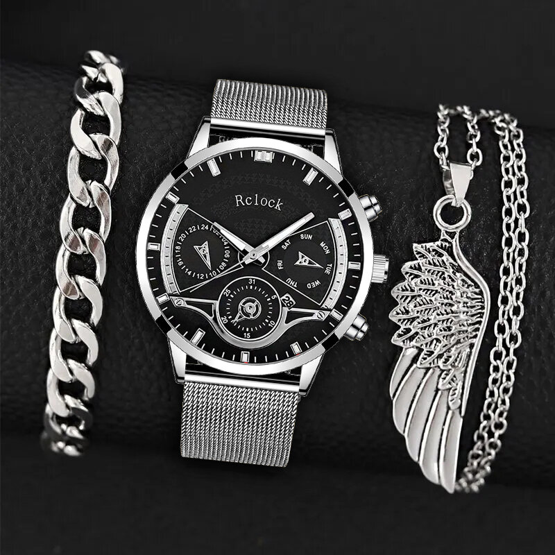 3PCS Set Fashion Mens Calendar Watches Men Business Silver Bracelet Wings Necklace Stainless Steel Mesh Belt Quartz Wrist Watch