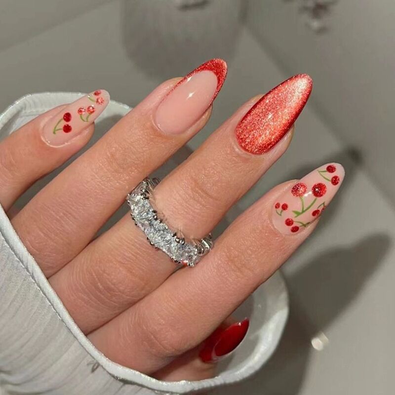 긴 아몬드 가짜 손톱, 프랑스 보라색 나비 꽃, 고양이 눈, 체리 프레스 손톱, DIY 분리형 네일 팁, 24 개