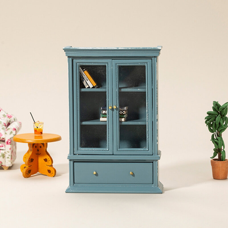 1:12 Dollhouse Miniature Cabinet Bookshelf Haze Blue Double Door Cabinet Model Display Cupboard Furniture Ornament Decor Toy