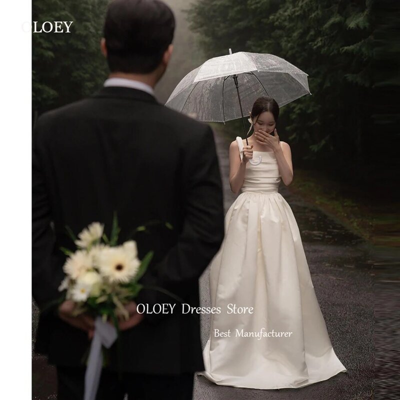 Oloey-ivory koreaサテンウェディングドレス、ブライダルガウン、ライン、ストラップ、バック、床の長さ、カスタムメイド、写真撮影、バック、2021