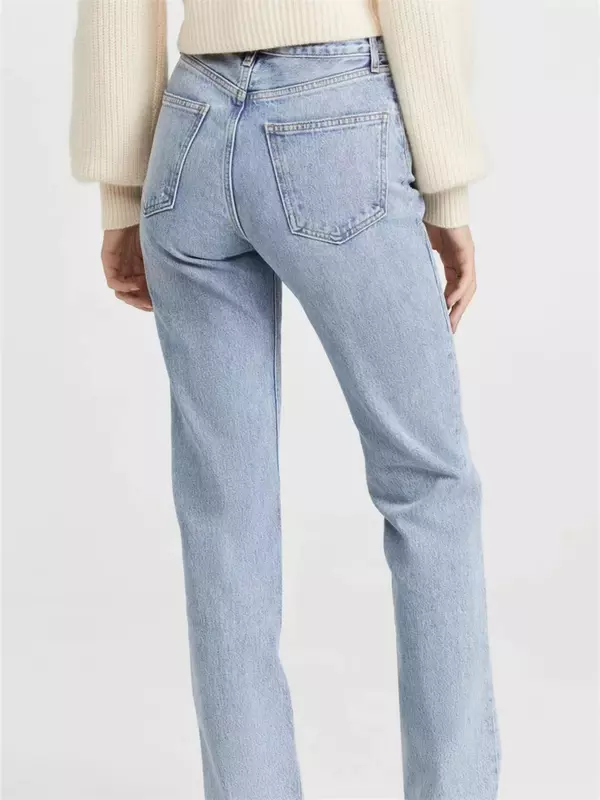 Calça jeans feminina reta de cintura alta com bolsos, jeans casual, todas as estações, zíper, tudo combina