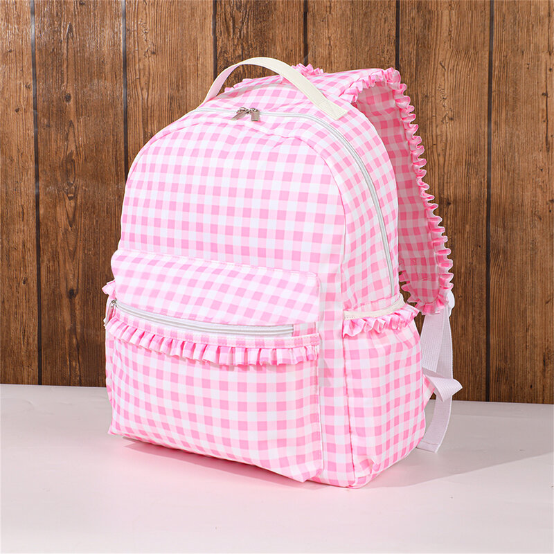 Tas ransel kotak-kotak Ruffle nilon merah muda/biru untuk wanita tas sekolah buku akhir pekan perjalanan luar ruangan
