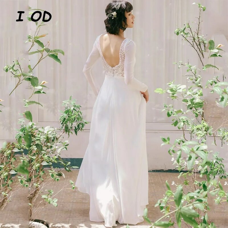 I od moderne A-Linie Brautkleid O-Ausschnitt lange Ärmel rücken freie Brautkleid boden lange Applikationen vestidos de novia nach Maß